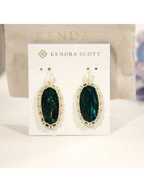Kendra Scott Elle Macrame Framed Dark Teal Green Abalone Gold Drop Earrings NWT